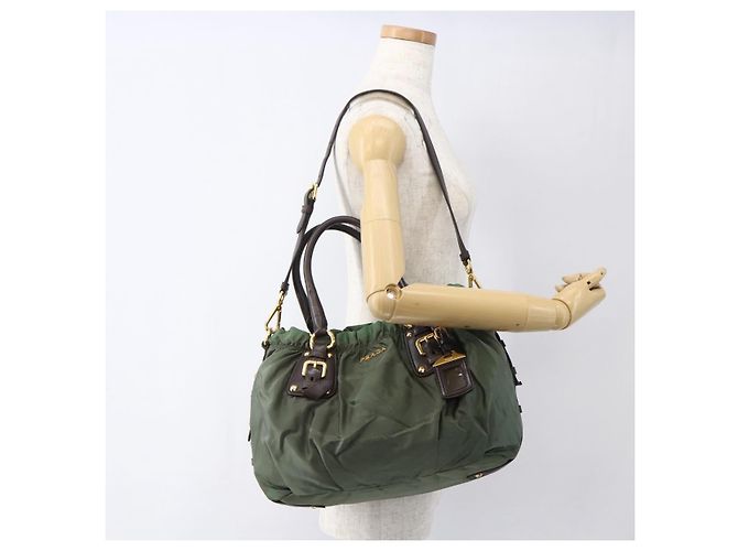 PRADA Borsa a Mano Nylon 2 vie Kaki Oro Auth 170942 D'oro Cachi - vista 26