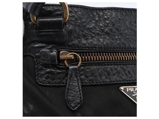 Borsa Tote PRADA in nylon e pelle nera dorata Auth fm5143 Nero D'oro - vista 18