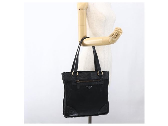 Borsa Tote PRADA in nylon e pelle nera dorata Auth fm5143 Nero D'oro - vista 25