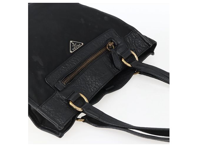 Borsa Tote PRADA in nylon e pelle nera dorata Auth fm5143 Nero D'oro - vista 6