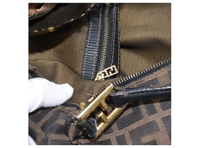 Borsa a Spalla in Tela Zucca FENDI Nera Marrone Auth 169579 Nero - vista 21