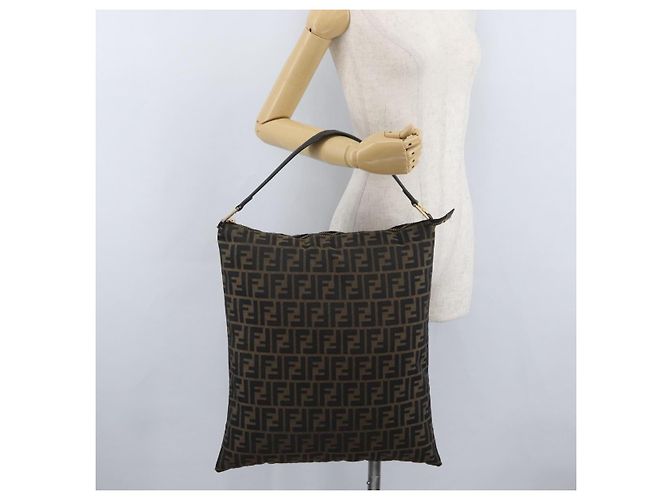 Borsa a Spalla in Tela Zucca FENDI Nera Marrone Auth 169579 Nero - vista 23