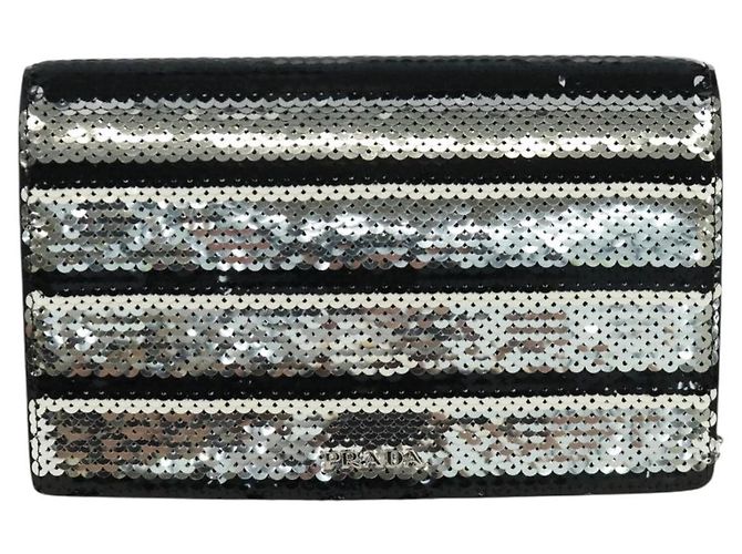 PRADA Borsa a Spalla con Catena e Paillettes in Pelle Nera Argento Auth 165358 Nero - vista 2
