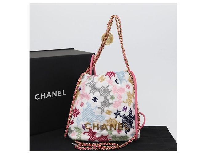 CHANEL Catena Chanel 22 Mini Borsa Pizzo Patchwork 2in1 Oro Bianco CC Auth 161330SM D'oro - vista 12