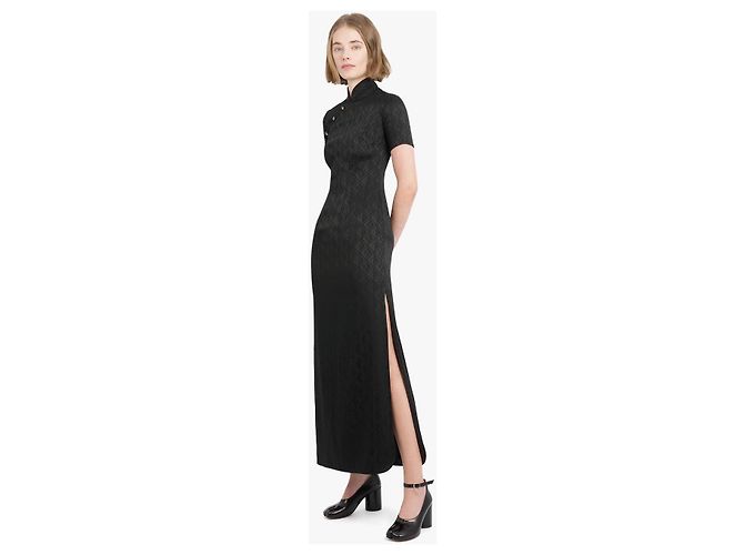 Langes schwarzes satin-jacquardkleid Moon diamand Marine serre Beige - Ansicht 3