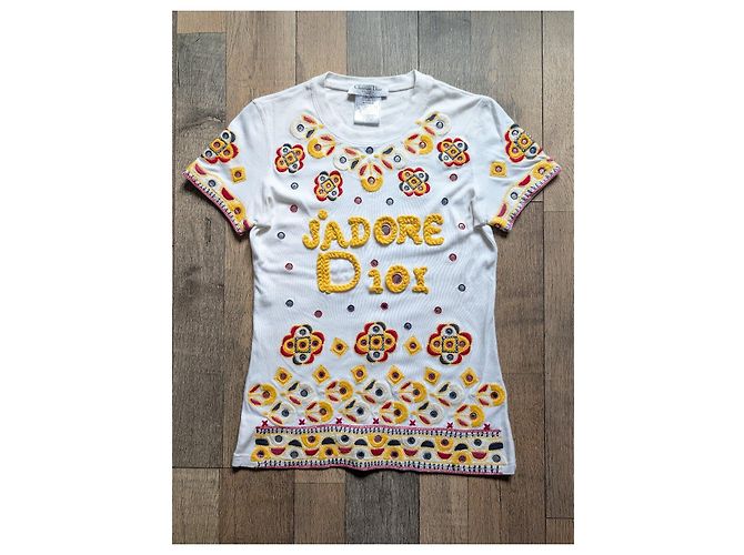 Christian Dior T-shirt ricamata J'adore Dior bianca e gialla - vista 2