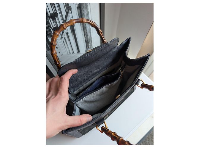 Borsa a mano Gucci Bamboo in pelle e camoscio nero - vista 10