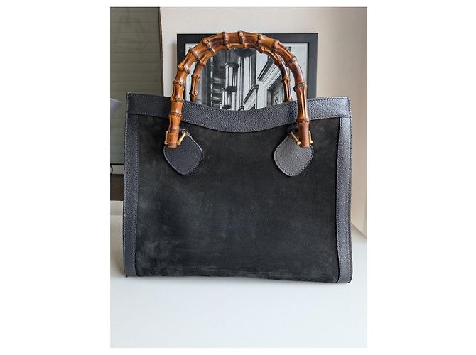 Borsa a mano Gucci Bamboo in pelle e camoscio nero - vista 2