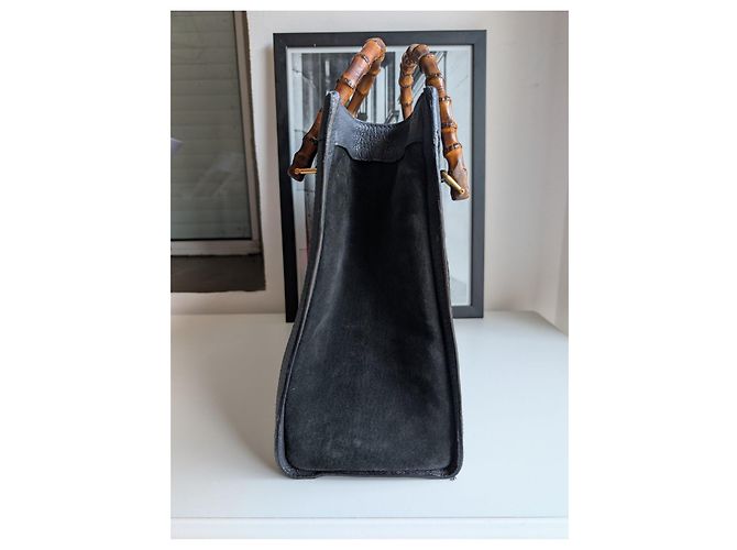 Borsa a mano Gucci Bamboo in pelle e camoscio nero - vista 3
