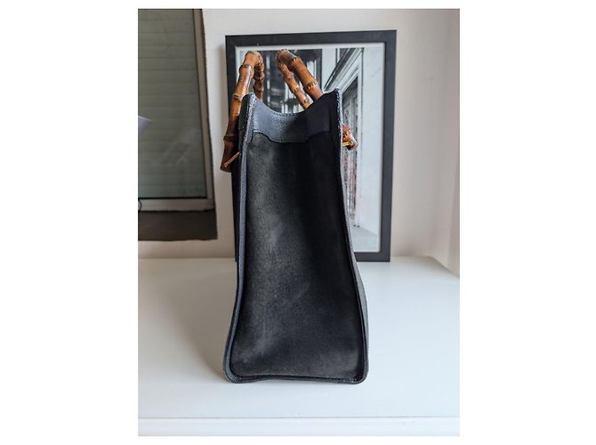 Borsa a mano Gucci Bamboo in pelle e camoscio nero - vista 4