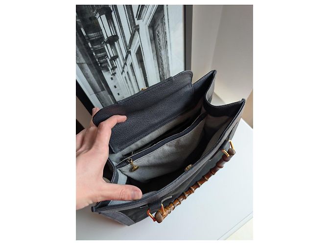 Borsa a mano Gucci Bamboo in pelle e camoscio nero - vista 7