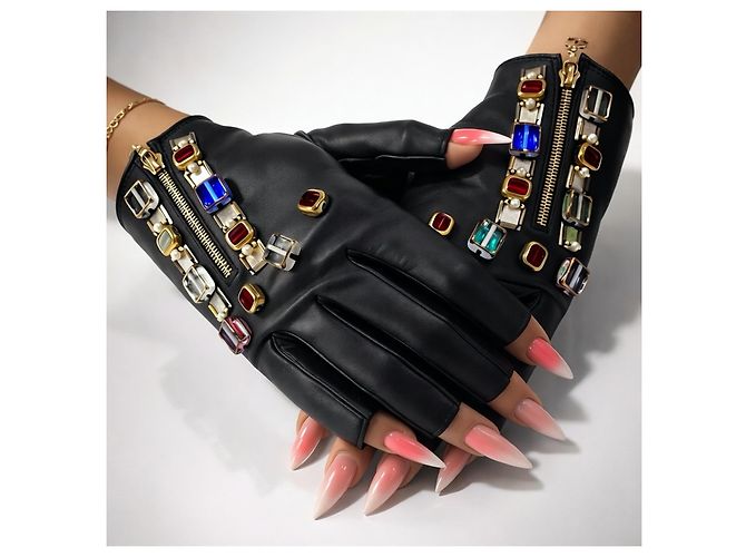 GUANTES DE CUERO NEGRO CHANEL 11A PARIS BYZANCE CON PIEDRAS PRECIOSAS TAMAÑO 7 RAROS Multicolor Dorado Metálico - vista 2