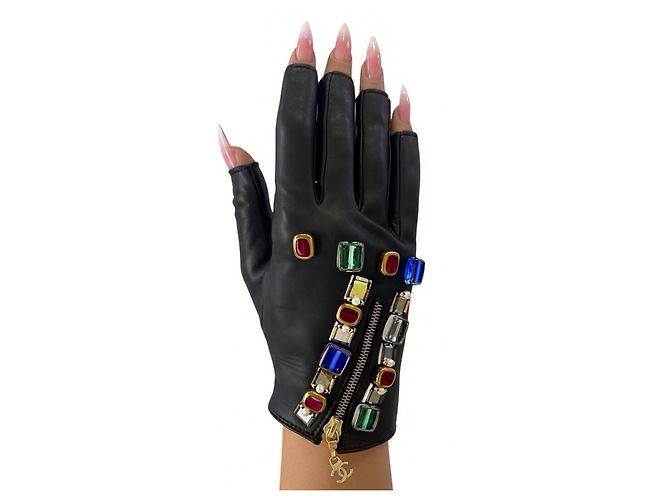 GUANTES DE CUERO NEGRO CHANEL 11A PARIS BYZANCE CON PIEDRAS PRECIOSAS TAMAÑO 7 RAROS Multicolor Dorado Metálico - vista 6
