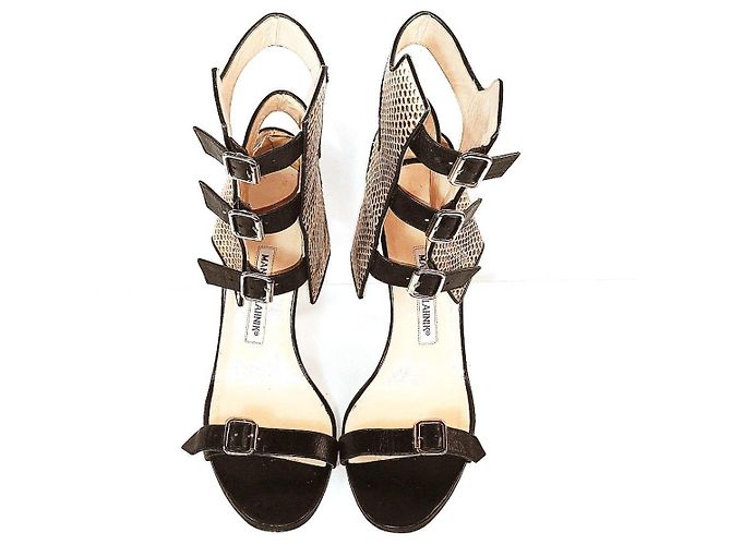 Manolo Blahnik Sandalen aus Pythonleder und schwarzem Leder mit Schnallen Python drucken - Ansicht 3