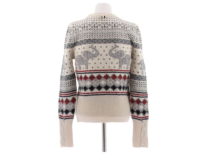 Thom Browne Pullover aus Wolle in Tricolor mit Elefantenmotiven Beige - Ansicht 2