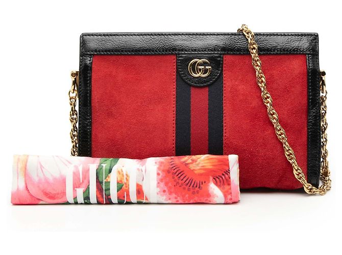Gucci Rosso Piccolo Crossbody in Suede Ophidia con Catena - vista 9