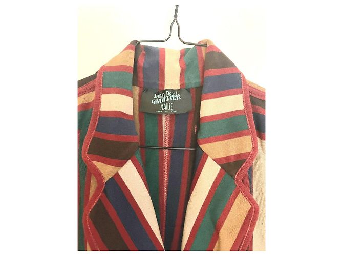 90er Jahre Jean Paul Gaultier Jacke (oder Pullover) mit bunten Streifen Braun Rot Blau Mehrfarben Beige Grün Bordeaux Gelb Dunkelblau - Ansicht 2