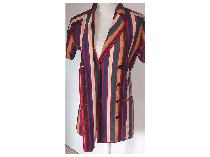 90er Jahre Jean Paul Gaultier Jacke (oder Pullover) mit bunten Streifen Braun Rot Blau Mehrfarben Beige Grün Bordeaux Gelb Dunkelblau - Ansicht 7