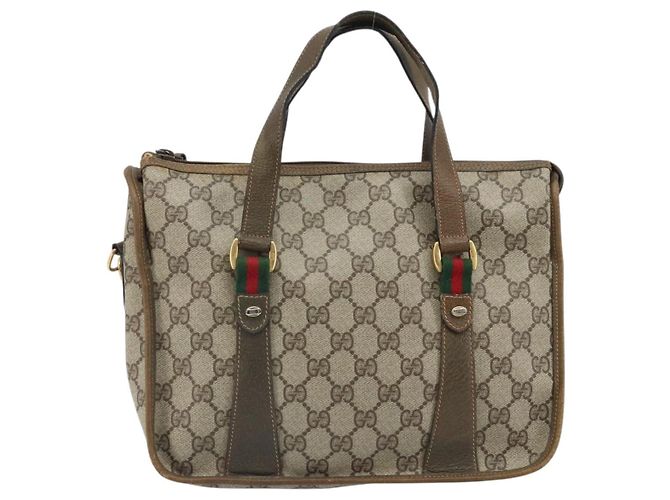 Borsa tote Gucci GG Supreme Web Sherry Line in PVC beige e oro 41 02 039 Auth 171911 D'oro - vista 13
