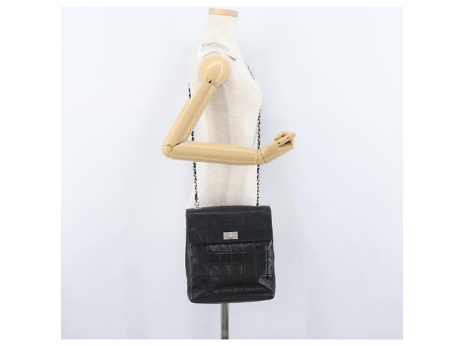 CHANEL Borsa a Spalla Choco Bar in Pelle di Agnello Nera Argento CC Auth bs33473 Nero - vista 28