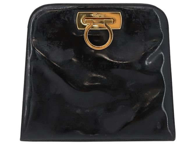 Borsa Gancini Chain Salvatore Ferragamo in pelle verniciata nera e oro Auth LNZ268 - vista 13