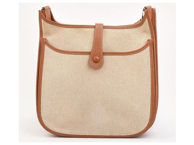Borsa a tracolla Hermès Evelyne in tela beige e pelle marrone - vista 2