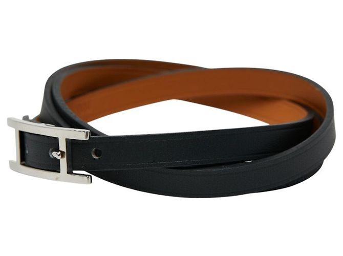 Hermes Hermès Api Long Bracelet in Black and Silver Leather Metal for Men - view 2