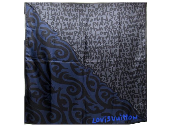 Bufanda Louis Vuitton Graffiti Negro x Azul % Seda Cuero - vista 2