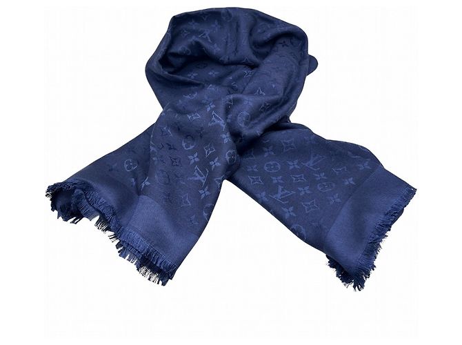 LOUIS VUITTON Sciarpa/Stola Blu Notte Monogramma Sete Lana Blu Navy per Uomini e Donne - vista 2