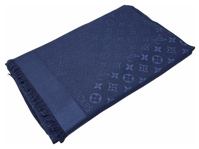 LOUIS VUITTON Sciarpa/Stola Blu Notte Monogramma Sete Lana Blu Navy per Uomini e Donne - vista 3