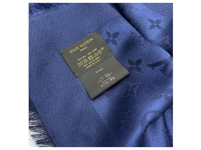 LOUIS VUITTON Sciarpa/Stola Blu Notte Monogramma Sete Lana Blu Navy per Uomini e Donne - vista 6
