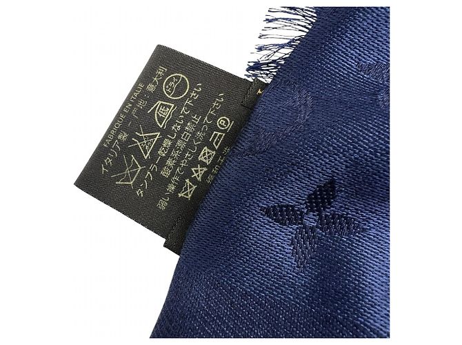 LOUIS VUITTON Sciarpa/Stola Blu Notte Monogramma Sete Lana Blu Navy per Uomini e Donne - vista 7