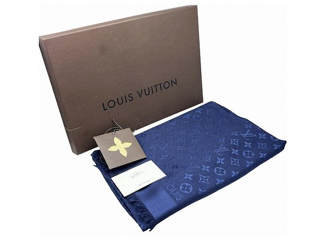 LOUIS VUITTON Sciarpa/Stola Blu Notte Monogramma Sete Lana Blu Navy per Uomini e Donne - vista 8