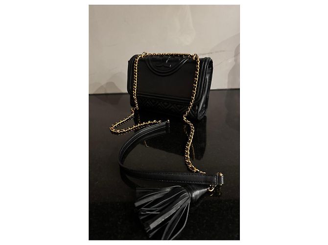 Tory Burch Borsa a spalla in pelle nera trapuntata con catena dorata Nero - vista 10