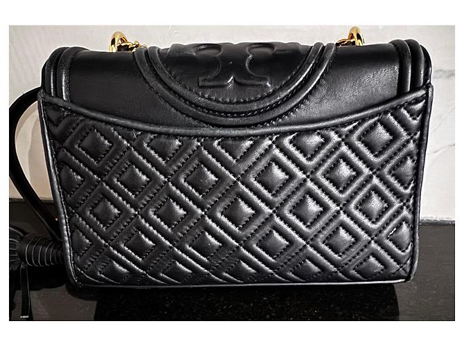 Tory Burch Borsa a spalla in pelle nera trapuntata con catena dorata Nero - vista 3