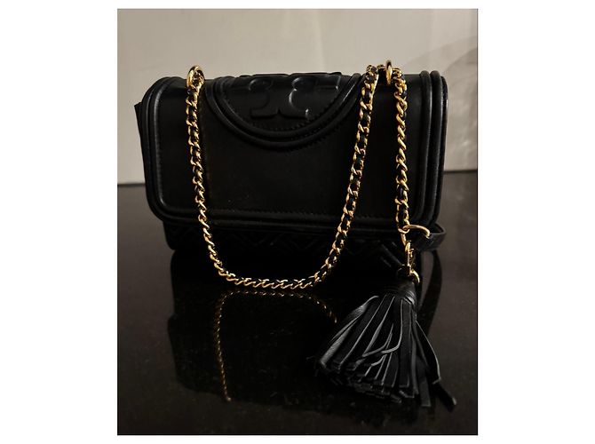 Tory Burch Borsa a spalla in pelle nera trapuntata con catena dorata Nero - vista 7