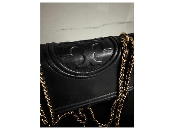 Tory Burch Borsa a spalla in pelle nera trapuntata con catena dorata Nero - vista 9
