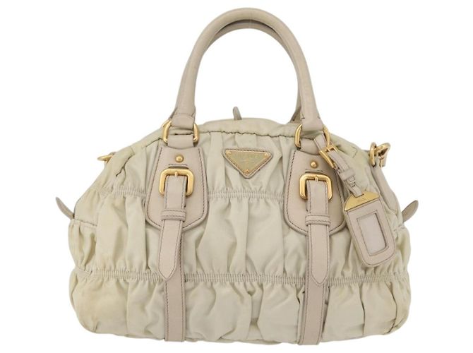 PRADA Borsa a mano arricciata in nylon 2 in 1 avorio oro Auth 173201 D'oro Crudo - vista 13