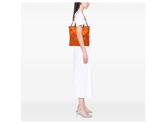 Borsa Prada in tessuto con rifiniture saffiano arancione e logo oro - vista 8