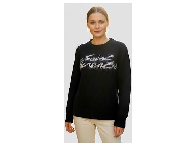 Saint Laurent Schwarzer Wollpullover mit Logo Rundhals - Ansicht 2