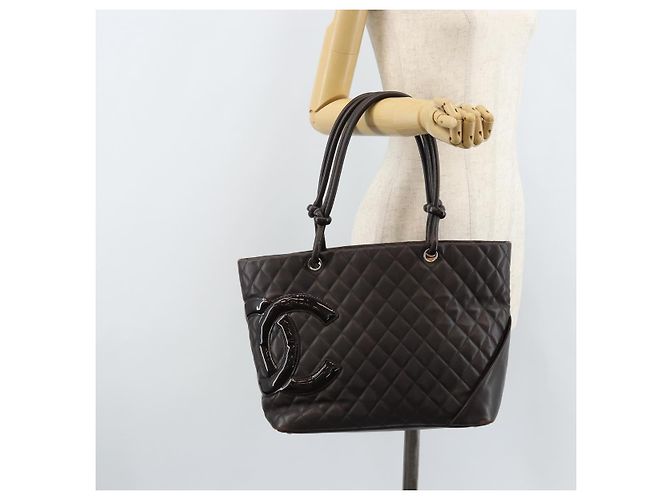 CHANEL Borsa Tote Matelassé Linea Cambon Pelle Marrone Argento CC Auth 170655 - vista 21