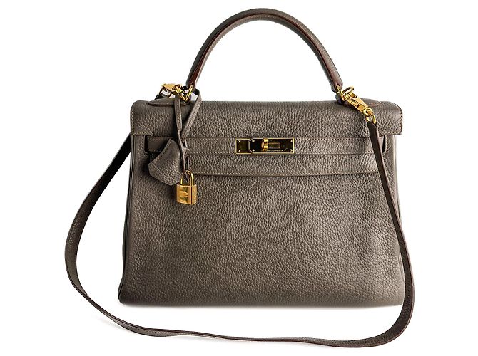 Hermès Borsa a mano Kelly 32 in pelle Taurillon Clemence Retourne Etain Taupe - vista 8