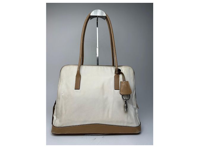 Sac à main vintage Prada en polyester / cuir blanc et marron - vue 5