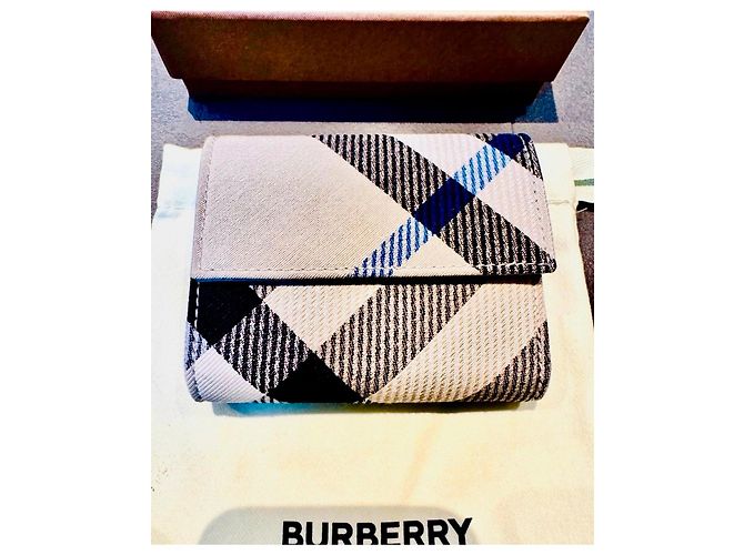 Compact leather and fabric wallet with Burberry check Black Blue Beige - view 2