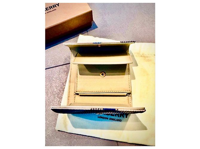 Compact leather and fabric wallet with Burberry check Black Blue Beige - view 6