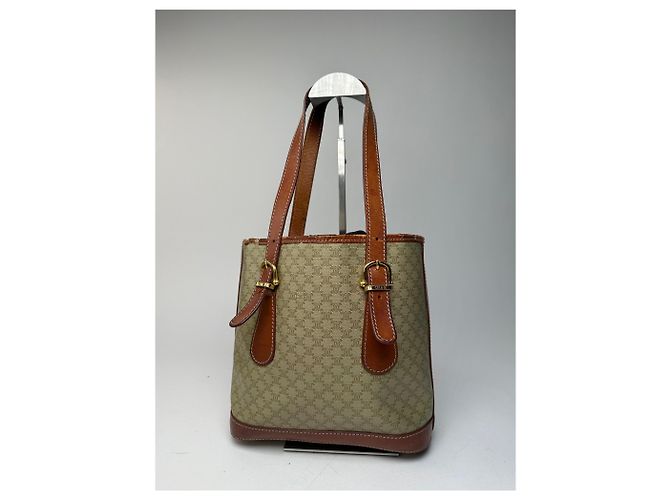 Céline Vintage Celine Paris Triomphe Monogramm Leder Eimer Tasche Braun Grün Beige - Ansicht 10