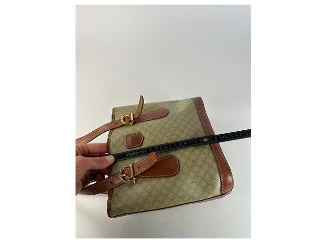 Céline Vintage Celine Paris Triomphe Monogramm Leder Eimer Tasche Braun Grün Beige - Ansicht 12