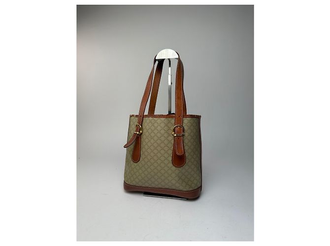 Céline Vintage Celine Paris Triomphe Monogramm Leder Eimer Tasche Braun Grün Beige - Ansicht 2