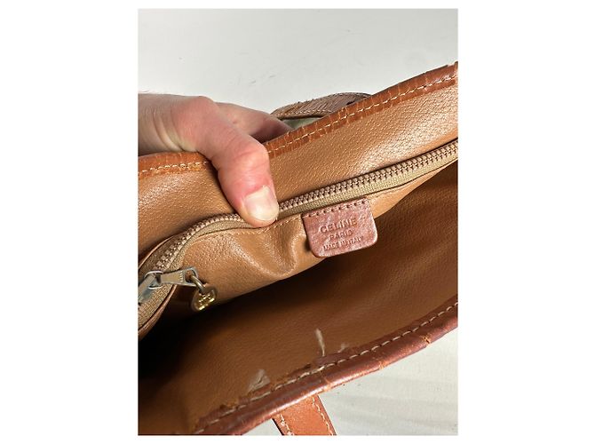 Céline Vintage Celine Paris Triomphe Monogramm Leder Eimer Tasche Braun Grün Beige - Ansicht 4