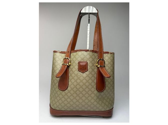 Céline Vintage Celine Paris Triomphe Monogramm Leder Eimer Tasche Braun Grün Beige - Ansicht 6